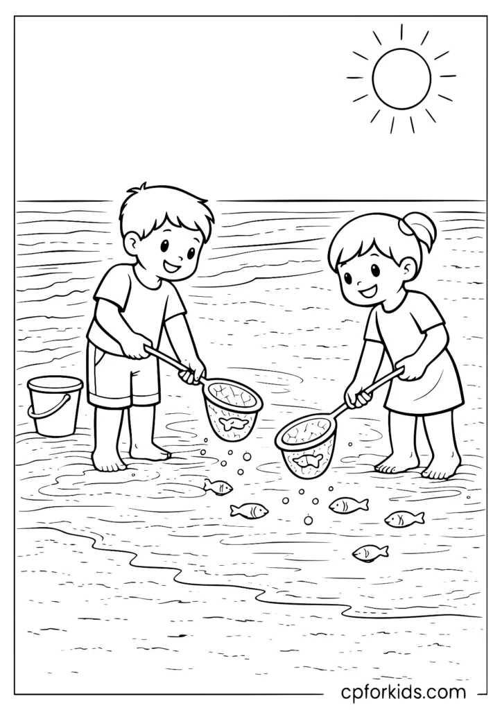Kids fishing with nets in shallow water coloring page