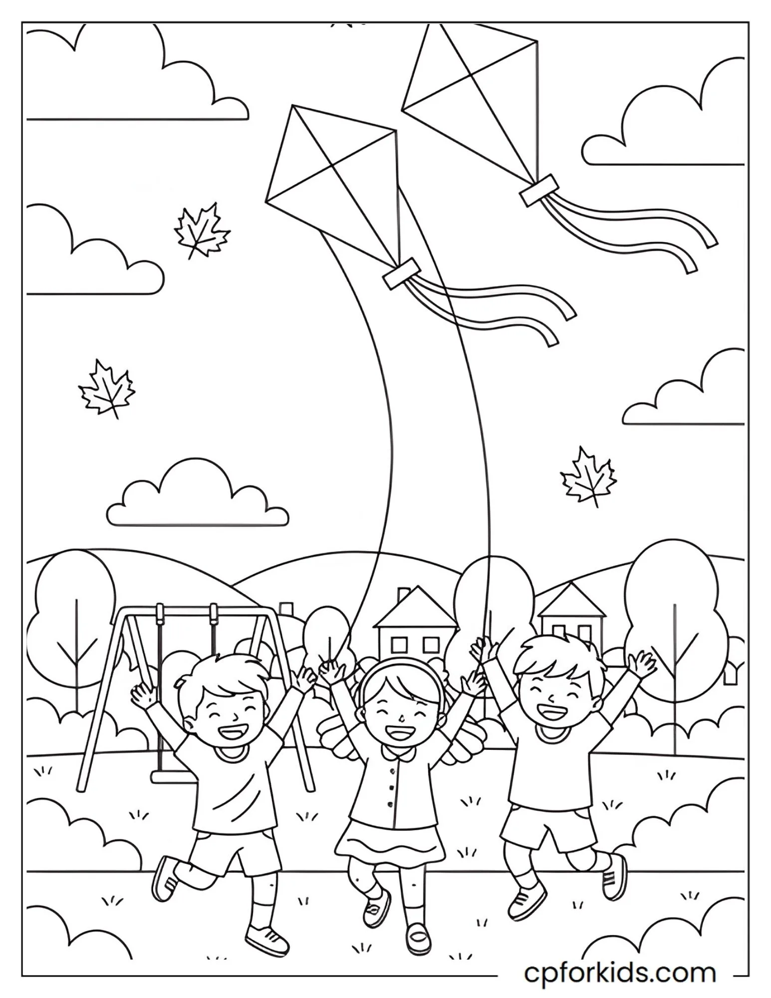 Children flying kites under autumn clouds in a park