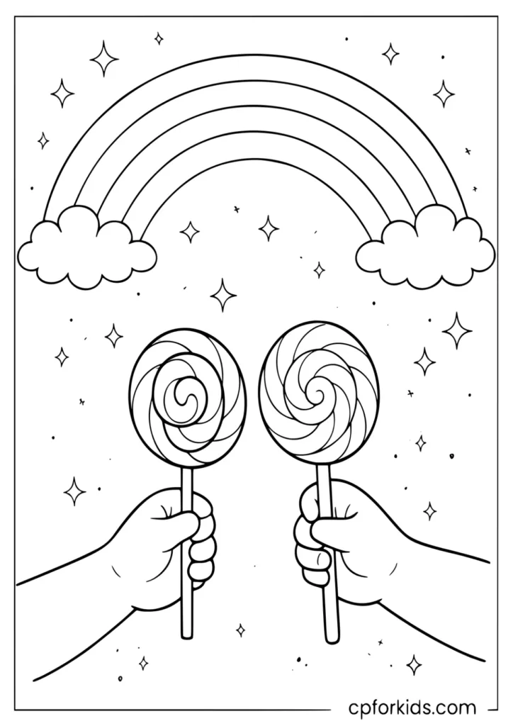Kids hands holding rainbow lollipops coloring page