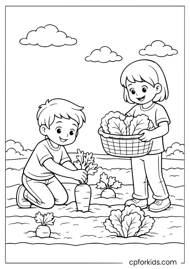 Kids harvesting healthy vegetables in a garden coloring page