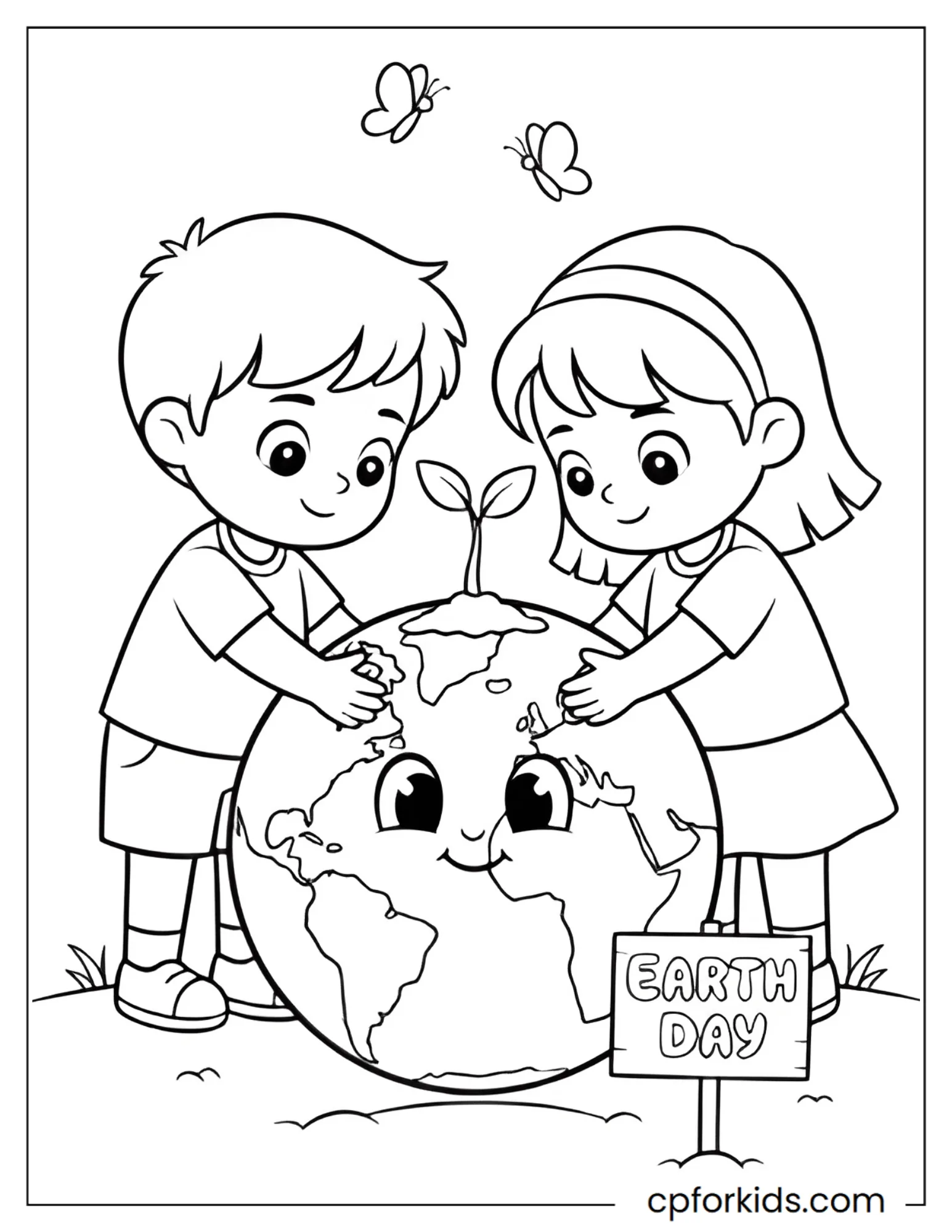 Children hugging a globe of the Earth while planting a young tree