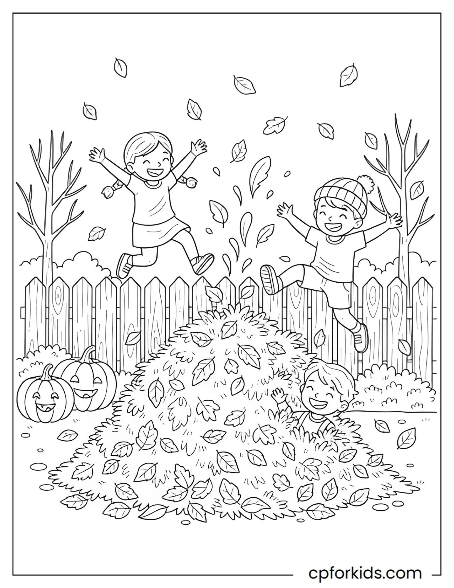 Children jumping into a big pile of autumn leaves