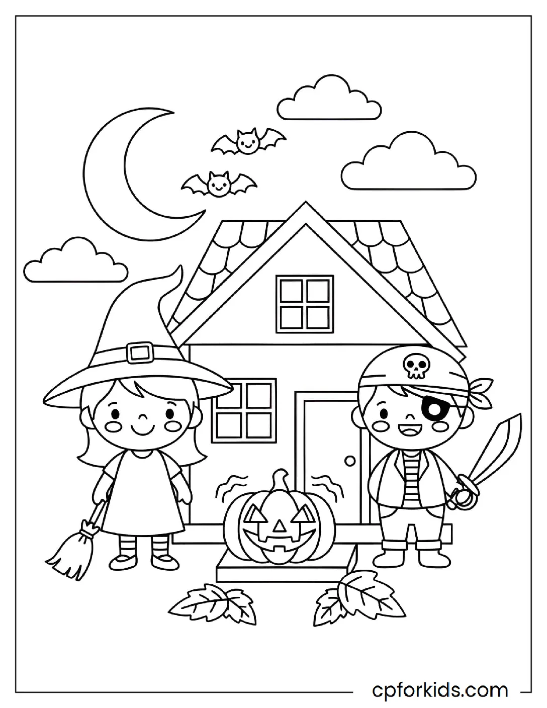 Two kids trick-or-treating at a porch
