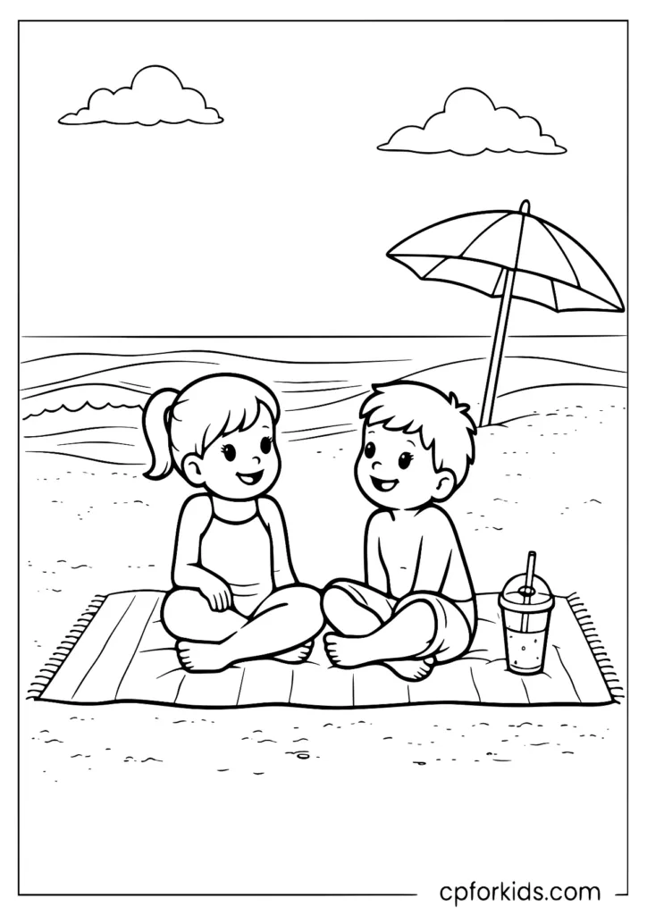 Two kids relaxing on a beach towel under a big umbrella beach coloring page