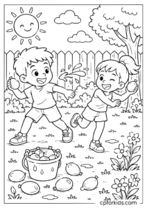 Kids having a water balloon fight in summer