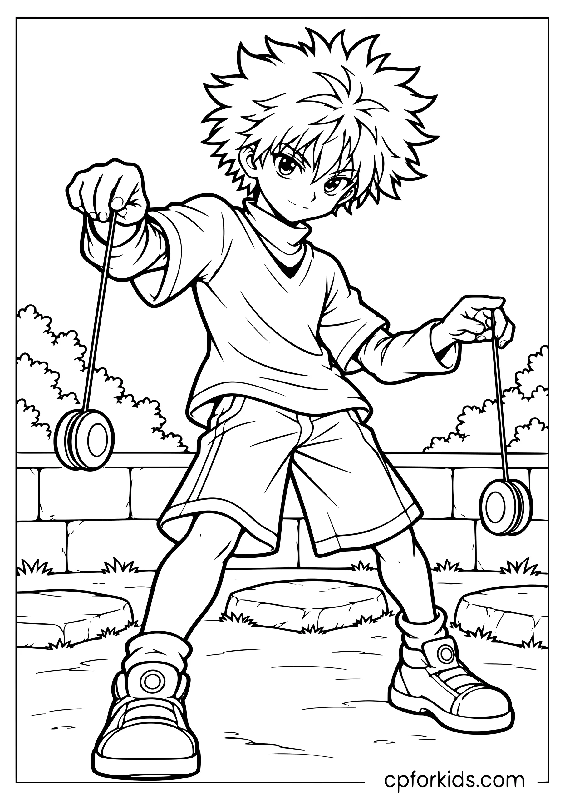Killua practicing with two yo-yos in a courtyard