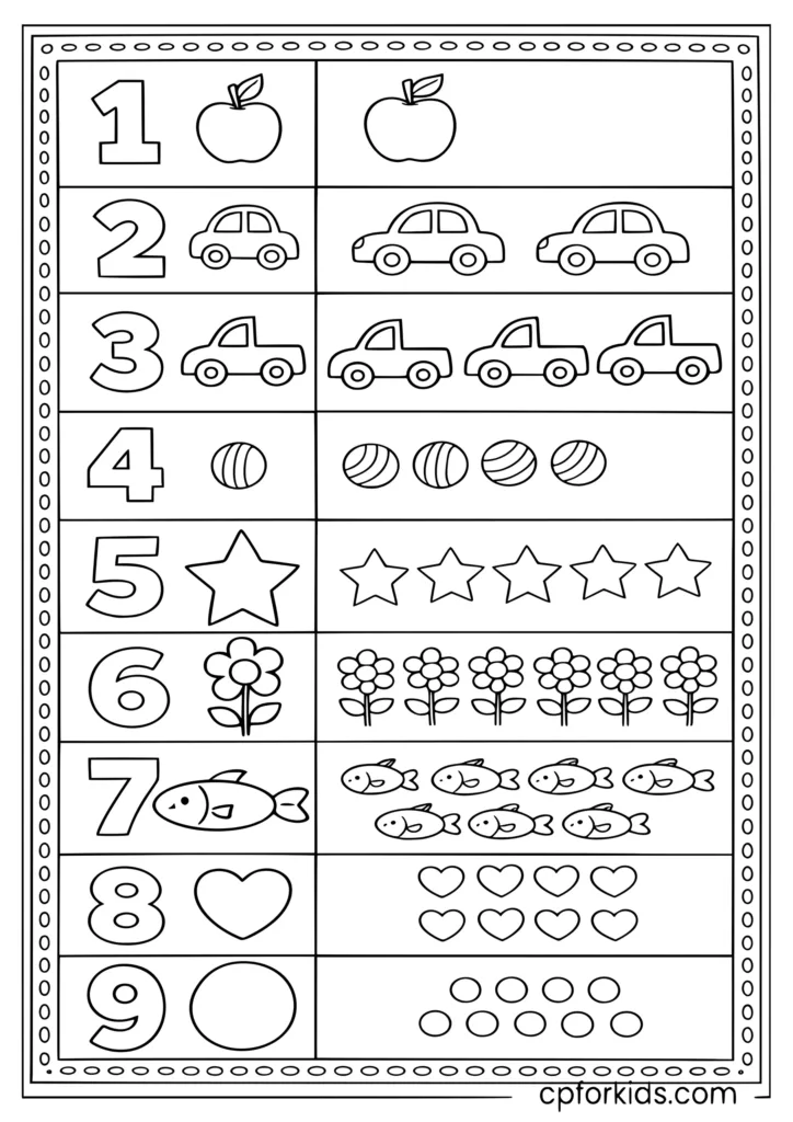 Kindergarten counting practice coloring page with number matching and coloring activity for kids