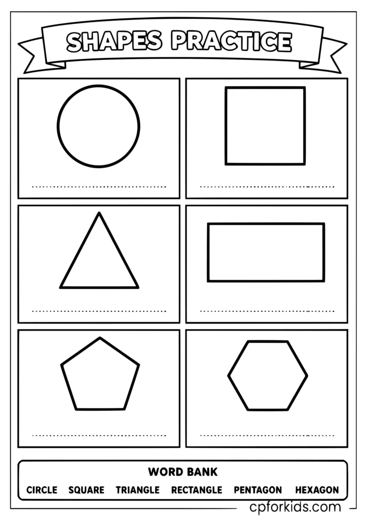 Kindergarten shapes practice coloring page with name the shape and color activities