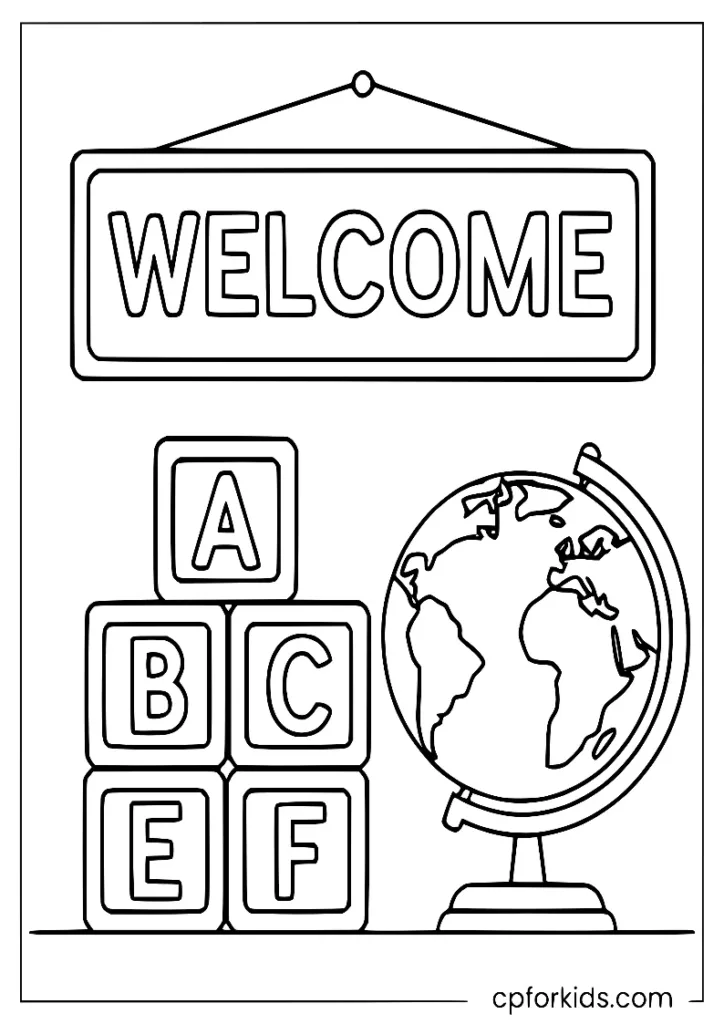 Kindergarten classroom scene with toys and alphabet blocks, coloring page printable