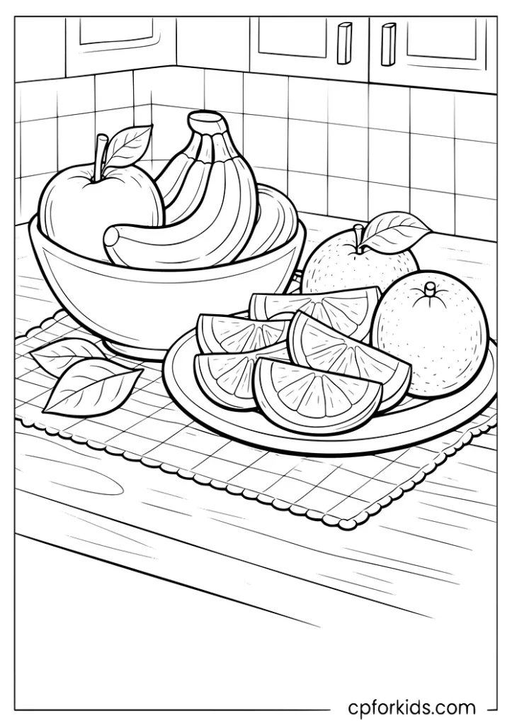 Kitchen table with mixed fruit coloring page