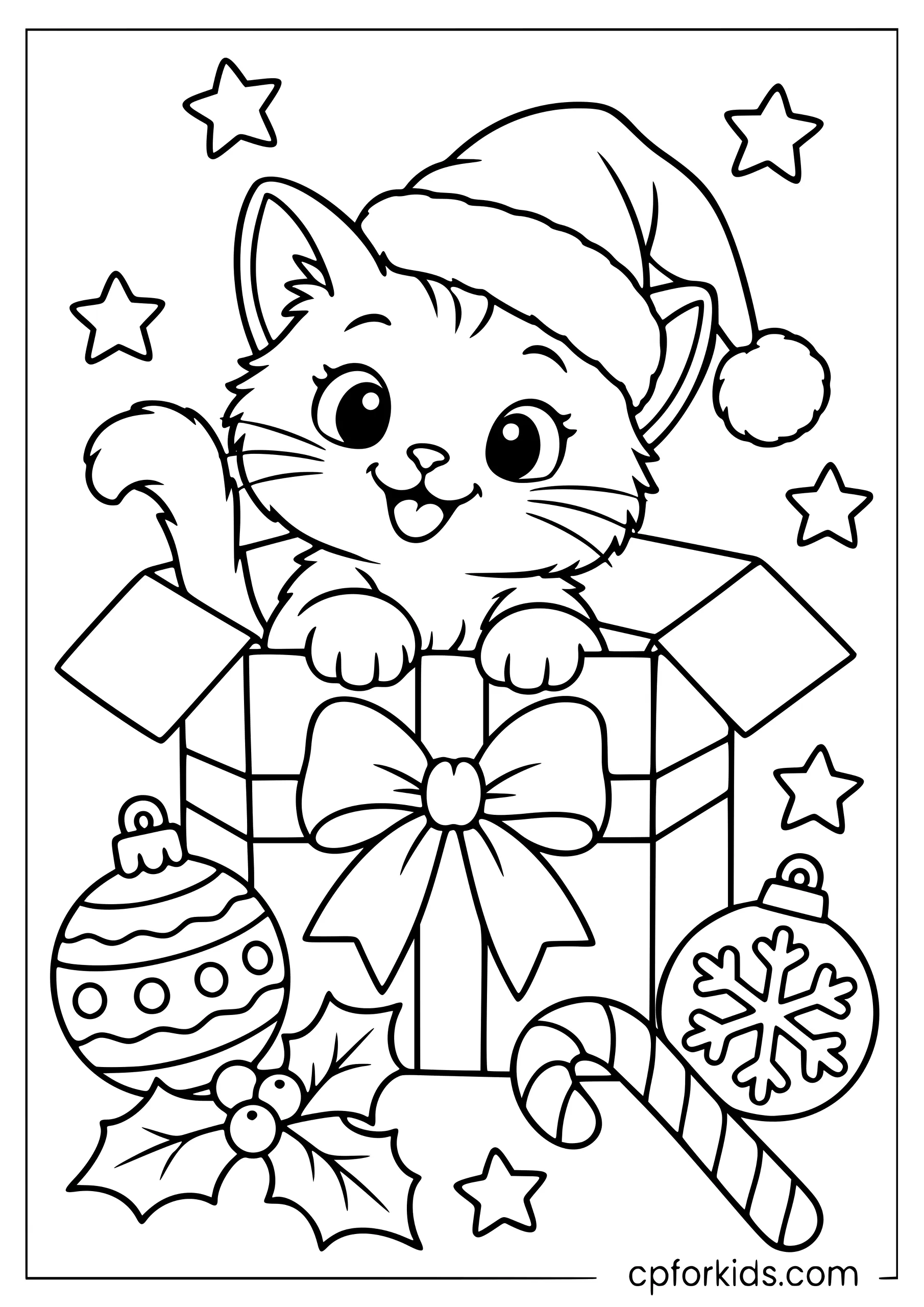 Kitten peeking from a gift box beside ornaments