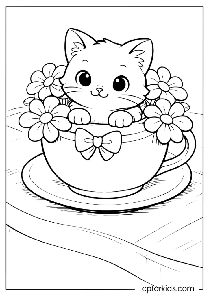 Tiny kitten sitting inside a teacup with flowers coloring page