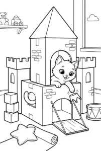 Cute kitten playing inside a cardboard castle