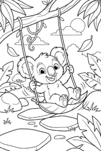 Cute koala riding a leaf swing in a eucalyptus tree