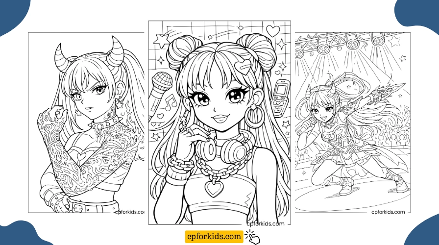 Three KPop Demon Hunters coloring pages from portrait to concert battle
