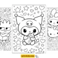 Three Kuromi coloring pages showing Kuromi with Badtz-Maru, Kuromi with boba tea, and a Sanrio group scene