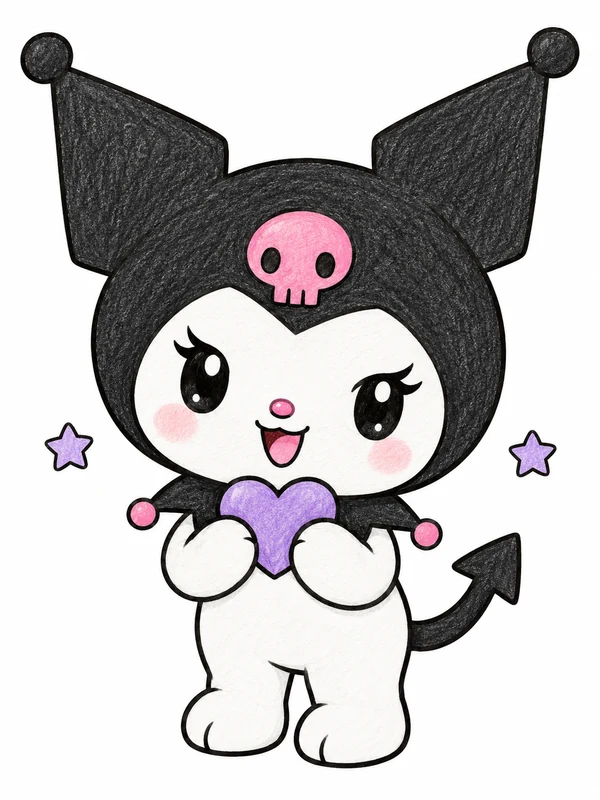 Kuromi holding a purple heart beside two lavender stars