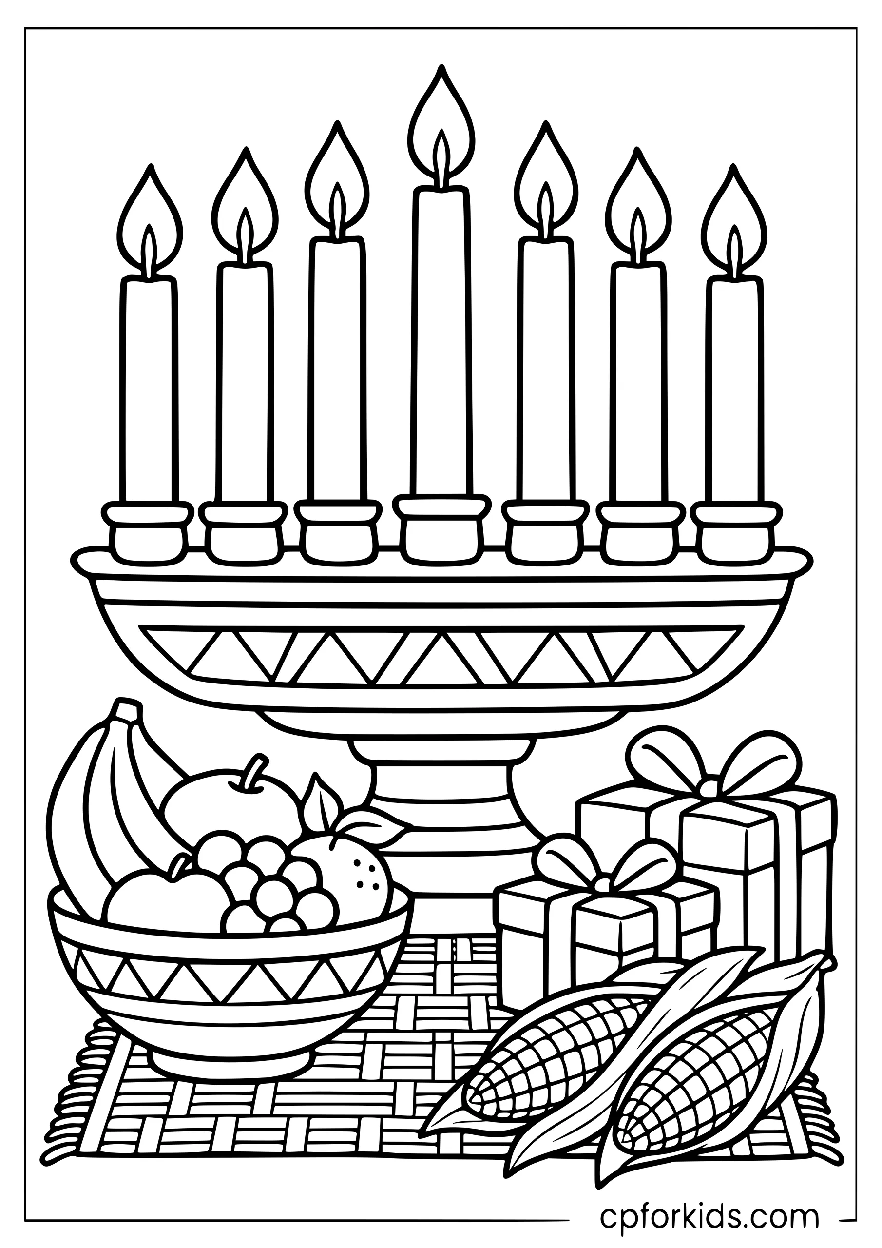 Kwanzaa kinara with seven candles fruit and gifts