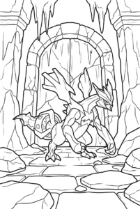 Kyurem walking through a frozen fortress with icy stone pillars