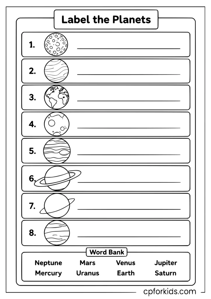 Label the planets solar system worksheet coloring page with blank lines and word bank for kids