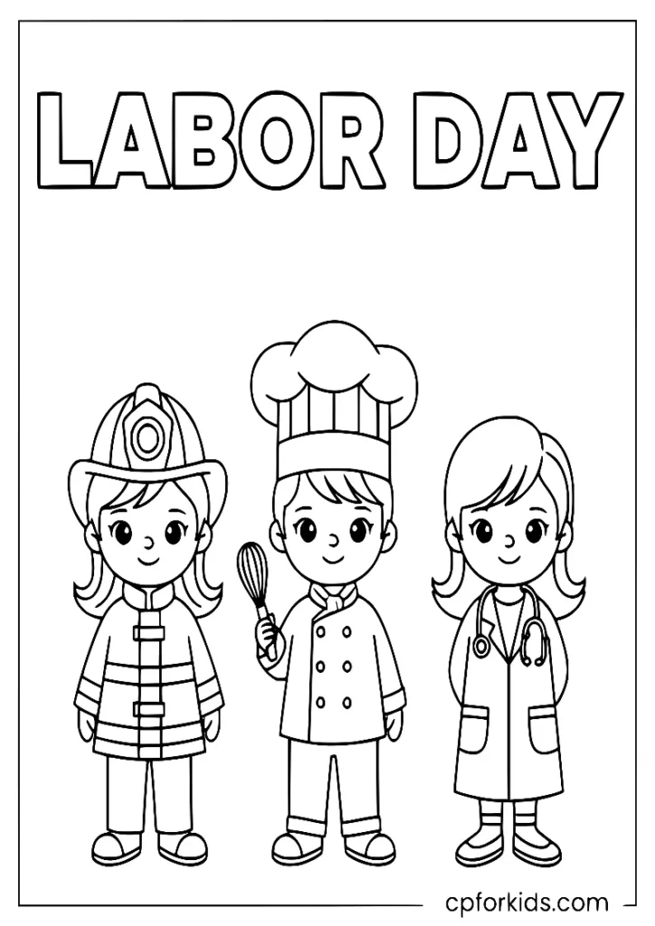 Children dressed as a doctor, firefighter, and chef for Labor Day.