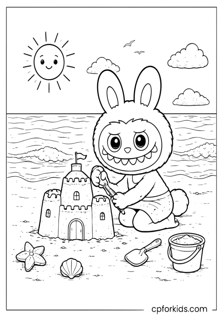 Labubu building a sandcastle at the beach with a bucket and spade coloring page