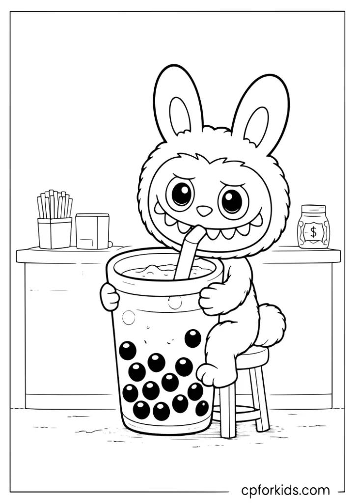Labubu sipping boba tea through a giant straw with tapioca pearls coloring page