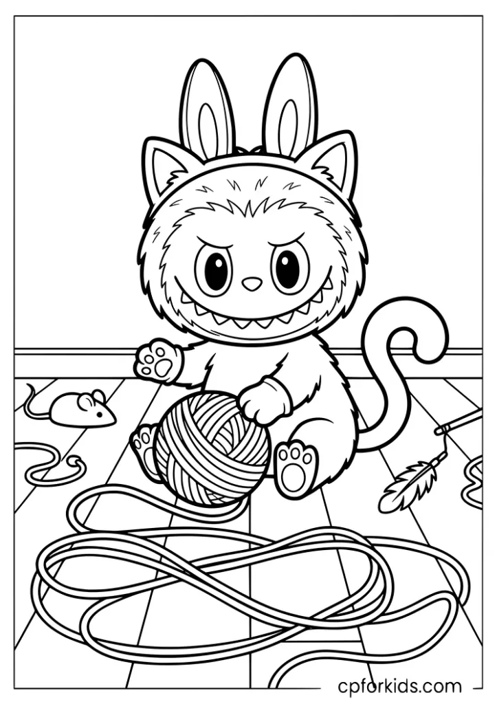 Labubu dressed as a cat playing with a ball of yarn colouring page