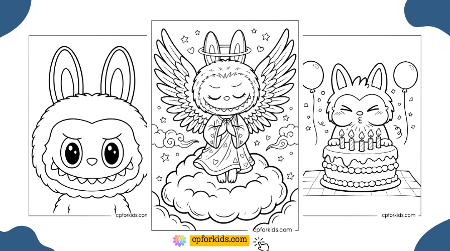 Free printable Labubu coloring pages featuring face, angel, and birthday cake designs