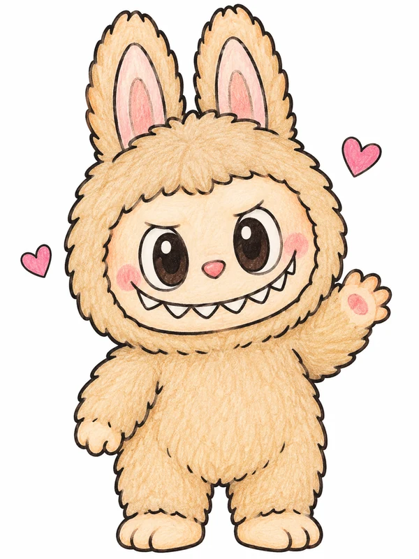 Labubu waving with long ears and two pink hearts