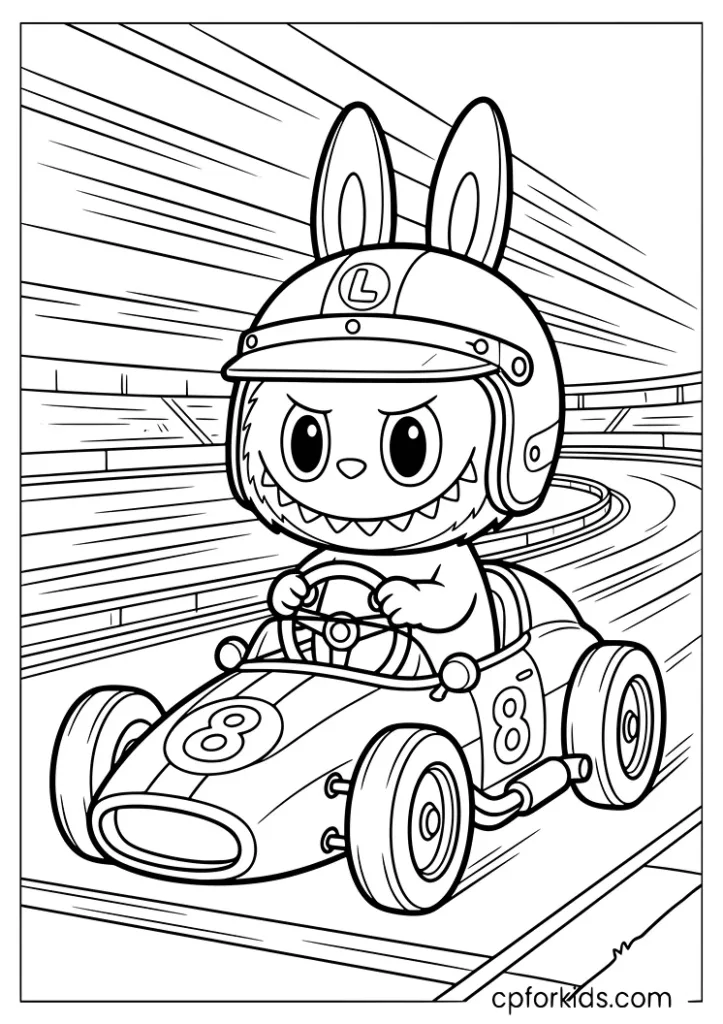 Labubu driving a fast race car on a track coloring sheet for kids