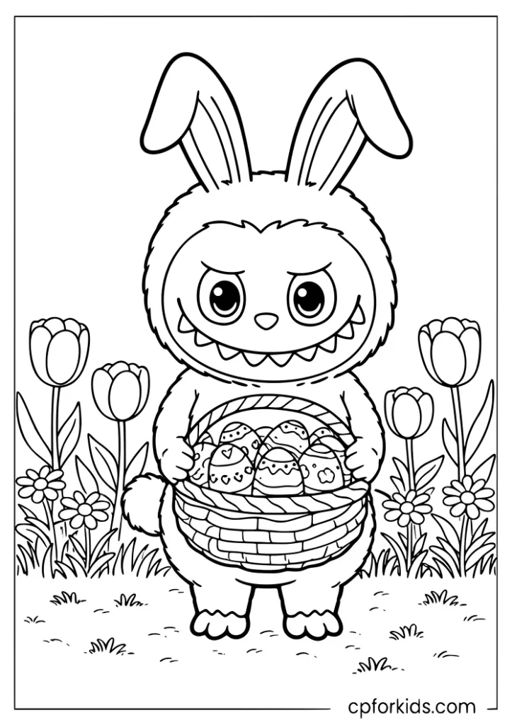 Labubu Easter bunny holding a basket of decorated eggs in a garden coloring page