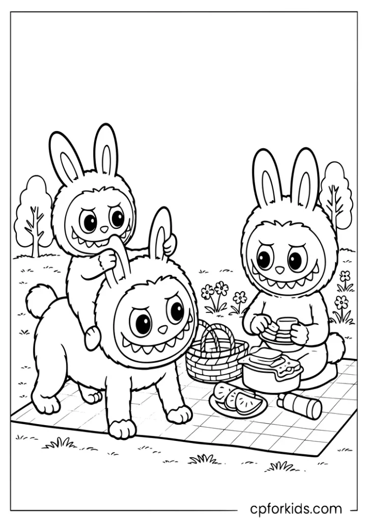 Labubu family having a picnic together in the park coloring page