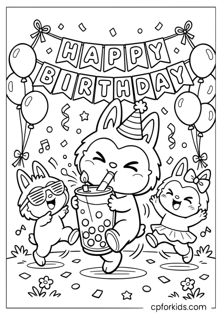 Labubu and friends dancing at a birthday party with balloons coloring page