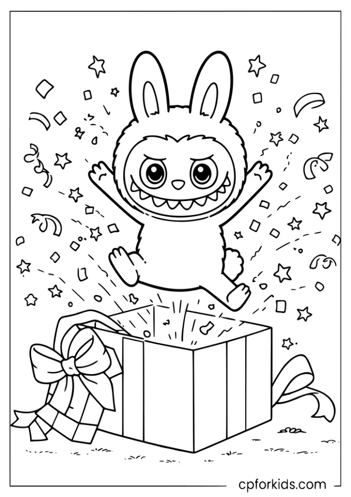 Labubu jumping out of a giant gift box with confetti and stars coloring page
