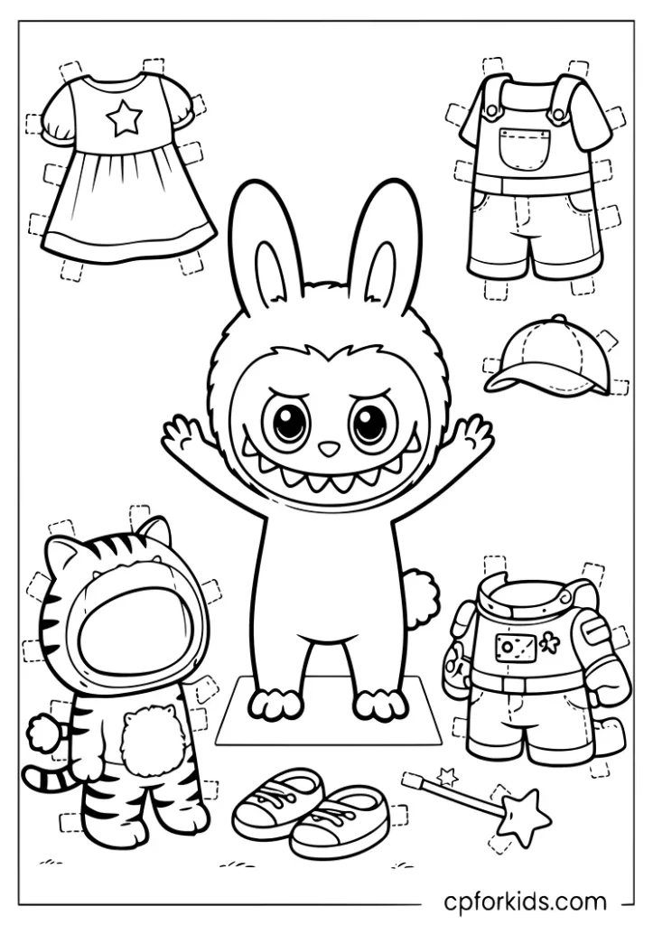 Labubu paper doll template with cut-out outfits coloring sheet