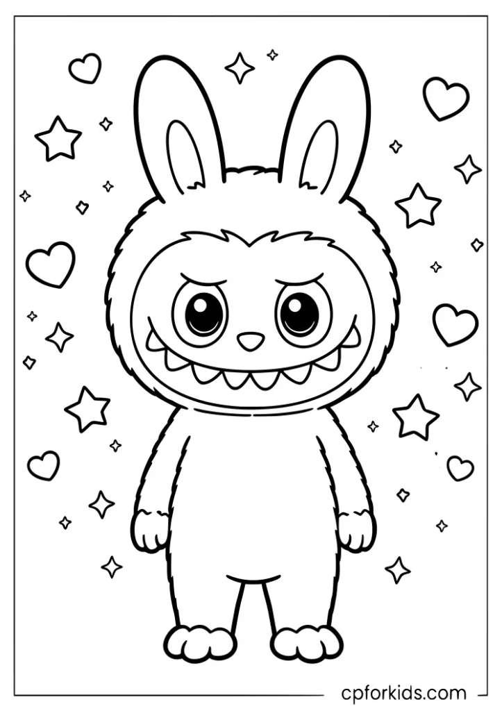 Labubu portrait pose surrounded by hearts and stars coloring page printable