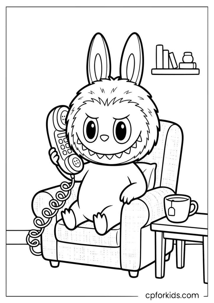 Labubu talking on a toy phone in a cozy room coloring page for kids