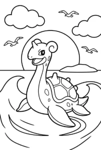 Lapras swimming across a calm sea to color online