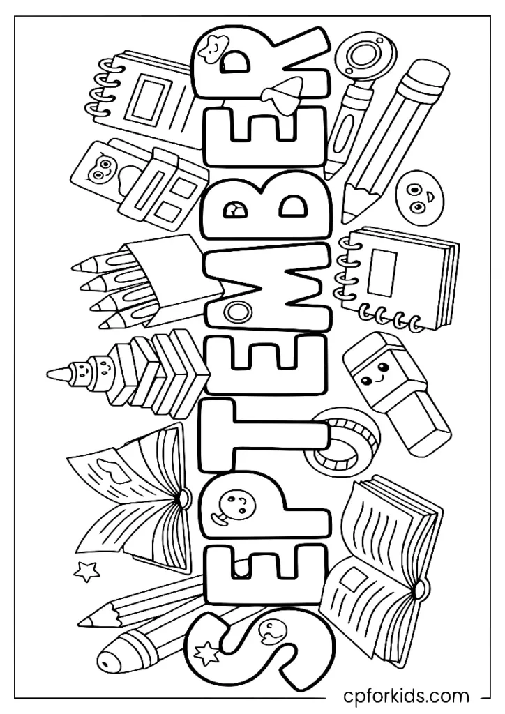 Big September text surrounded by pencils and books, back to school coloring page