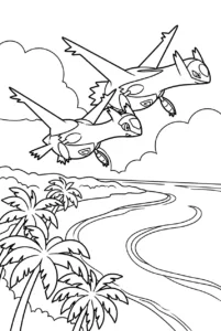 Latios and Latias flying together above a tropical island coastline