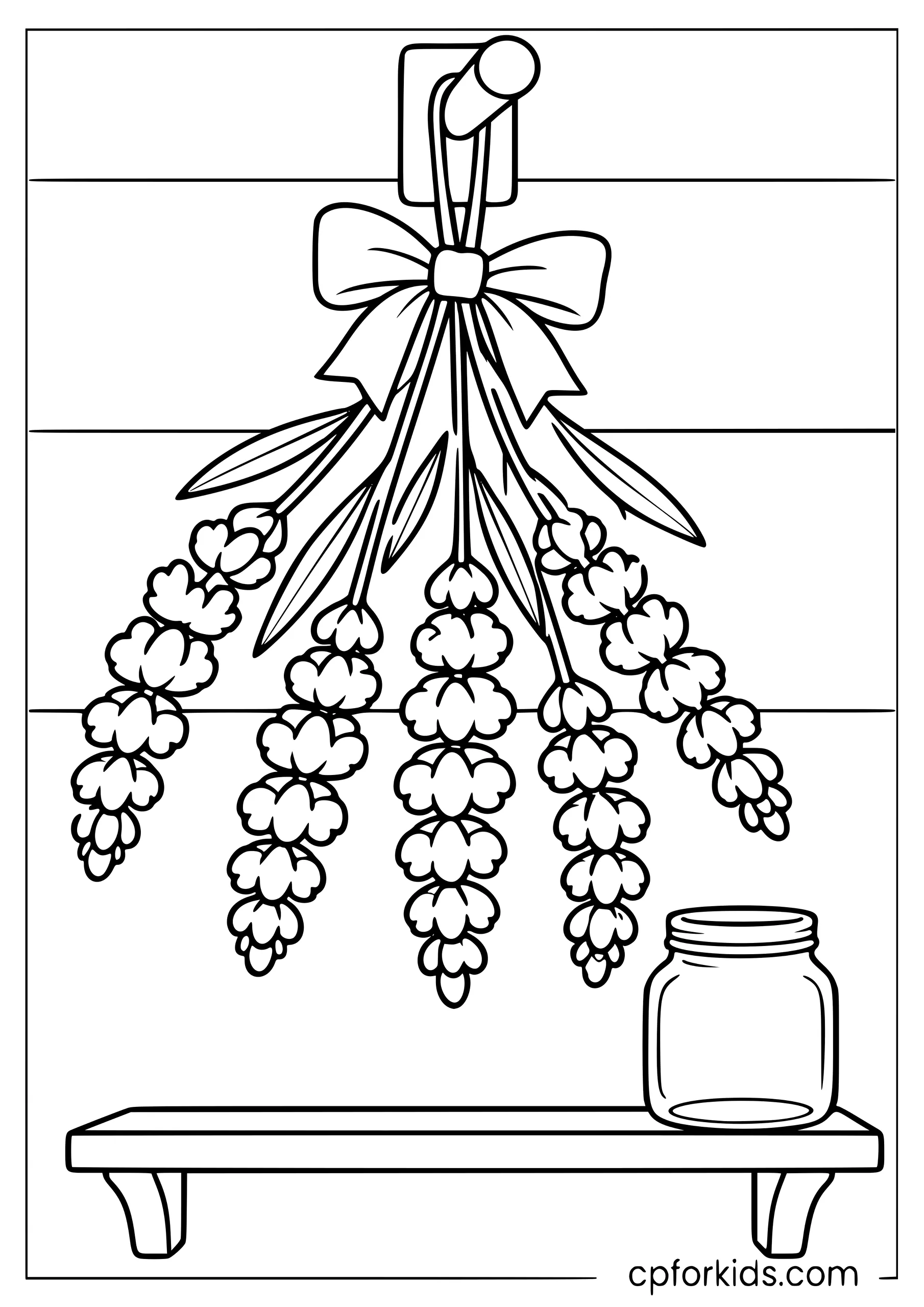Lavender bundle hanging above a shelf with a jar