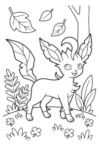 Leafeon walking along a woodland path with falling leaves