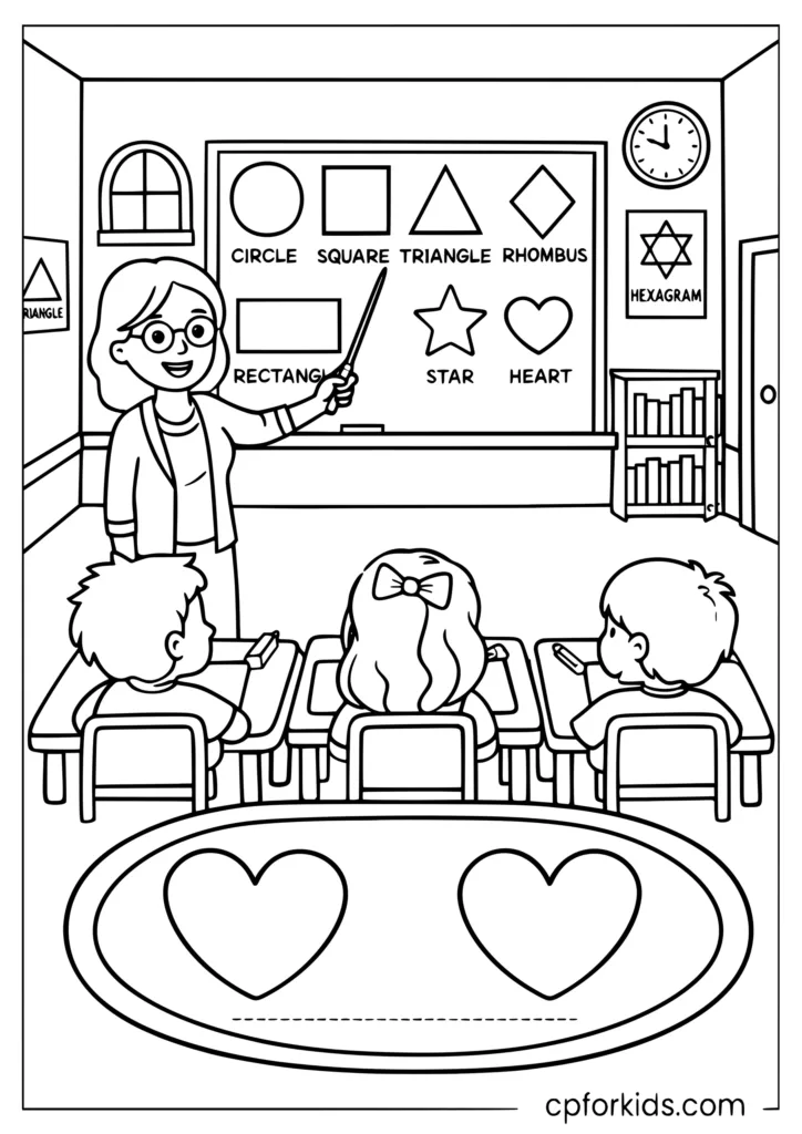 Learning shapes for kids coloring page with shapes hidden in a fun classroom scene