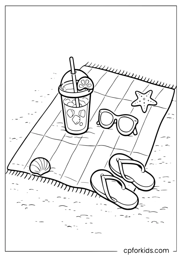 Lemonade and summer icons on towel coloring page