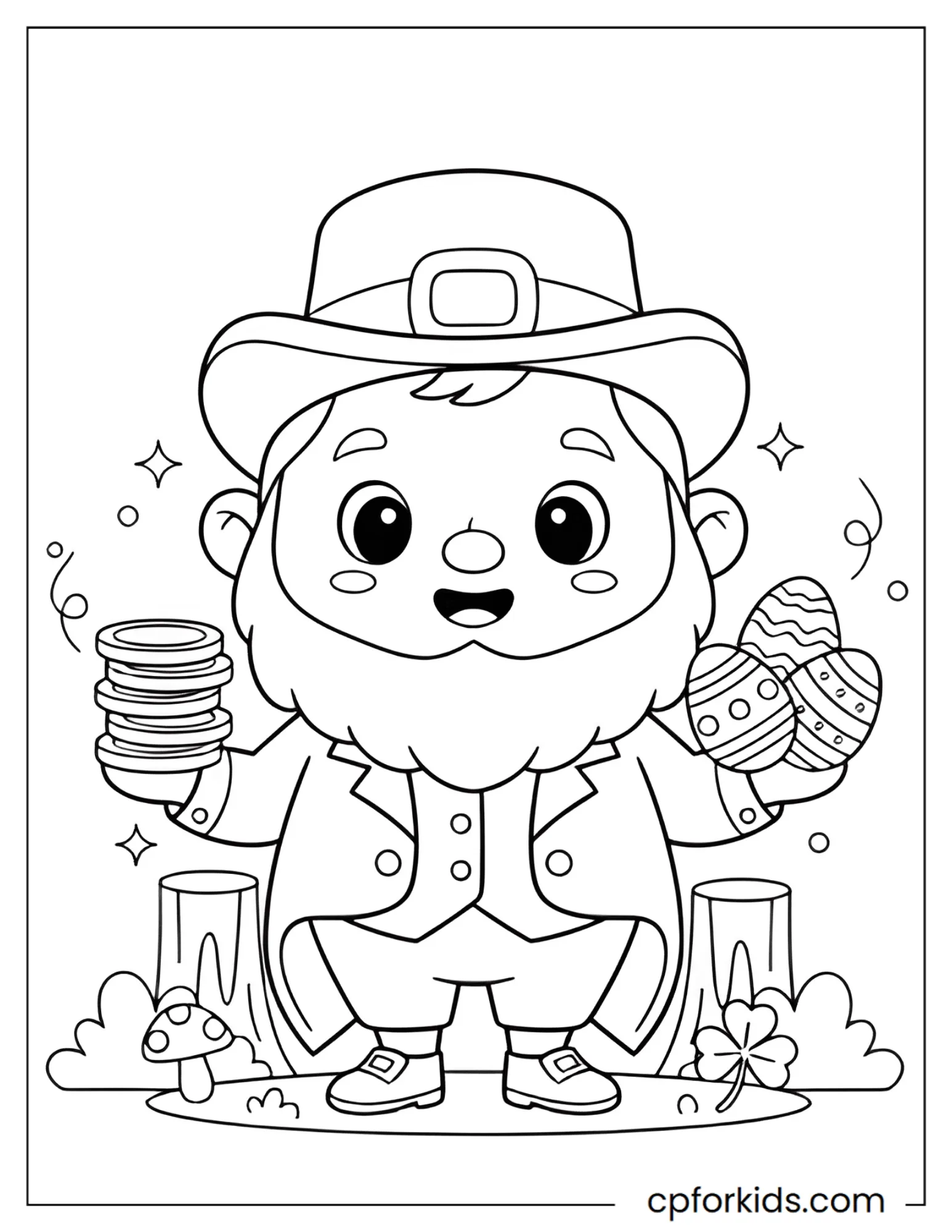 Leprechaun trading gold coins for Easter eggs in the forest
