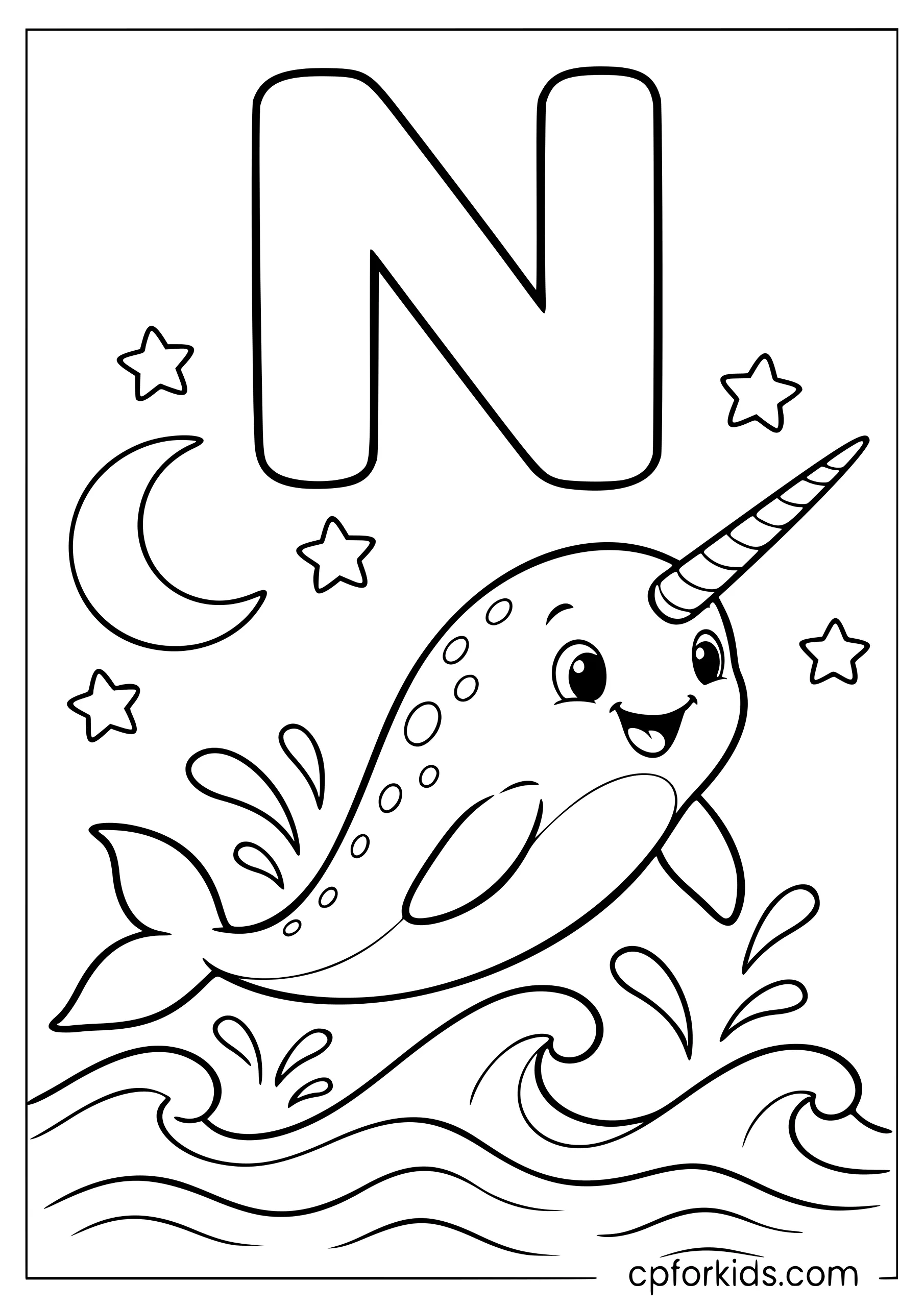 Uppercase N above narwhal jumping through ocean waves