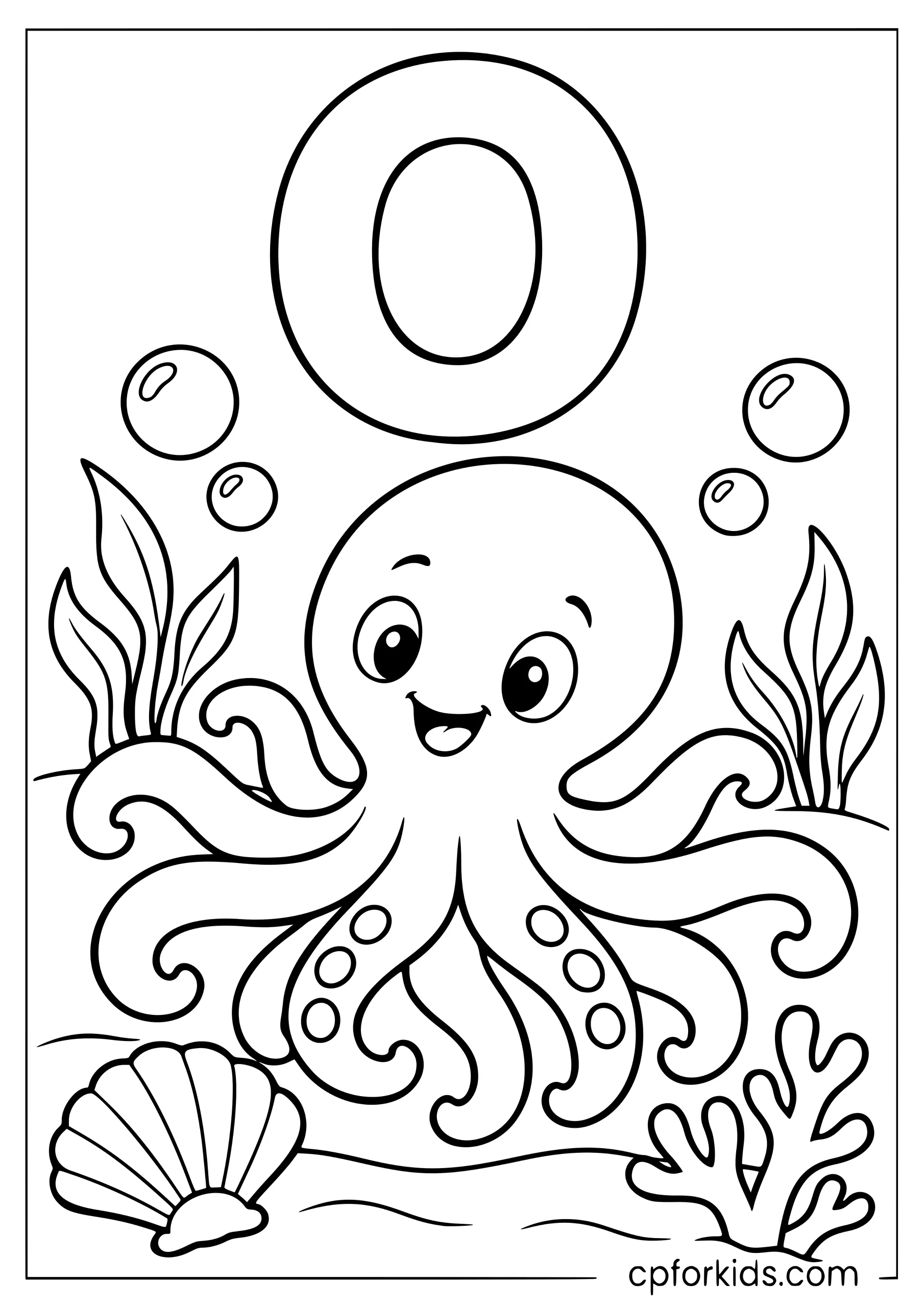 Uppercase O above octopus among shells and coral