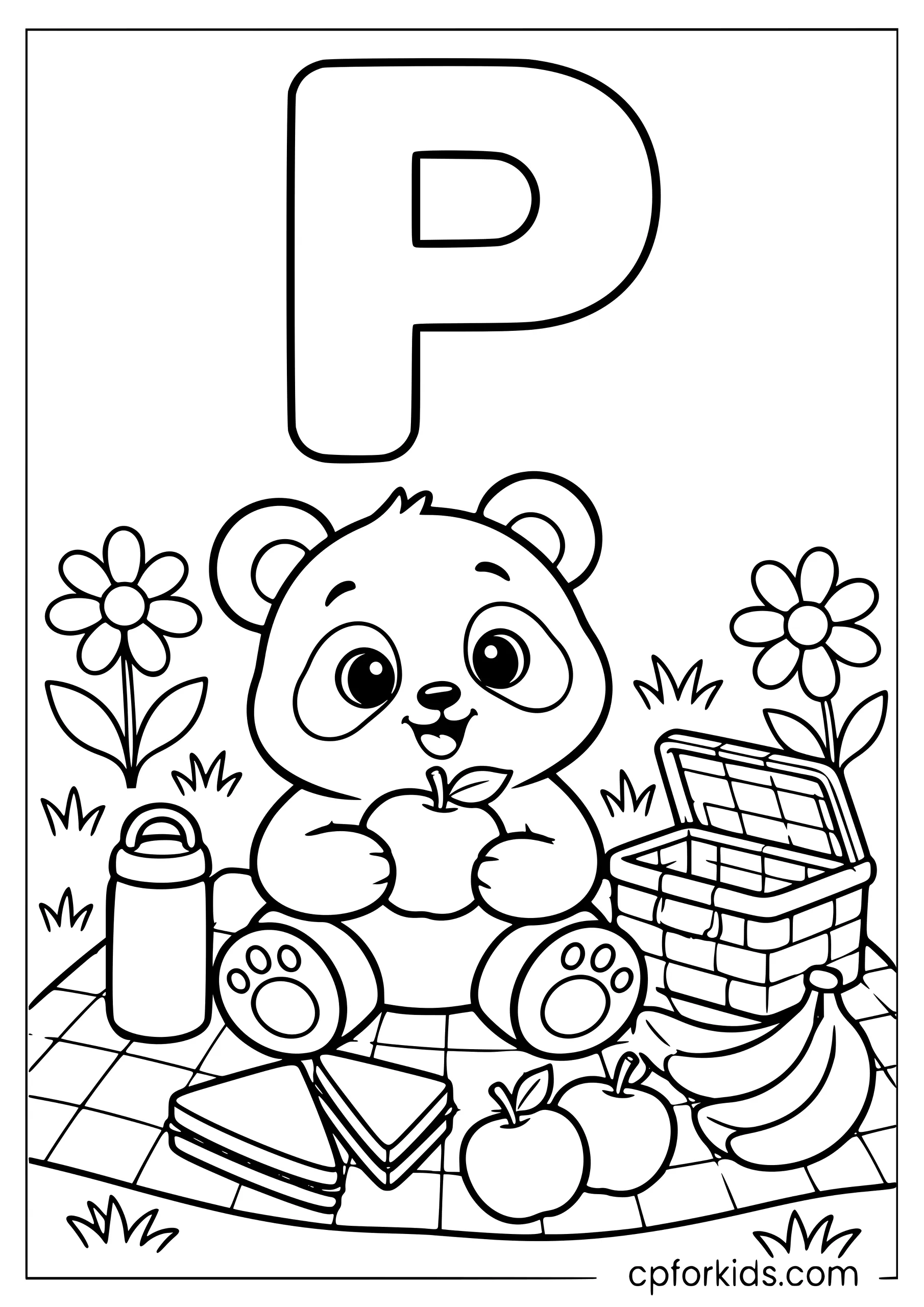 Uppercase P above panda having a picnic