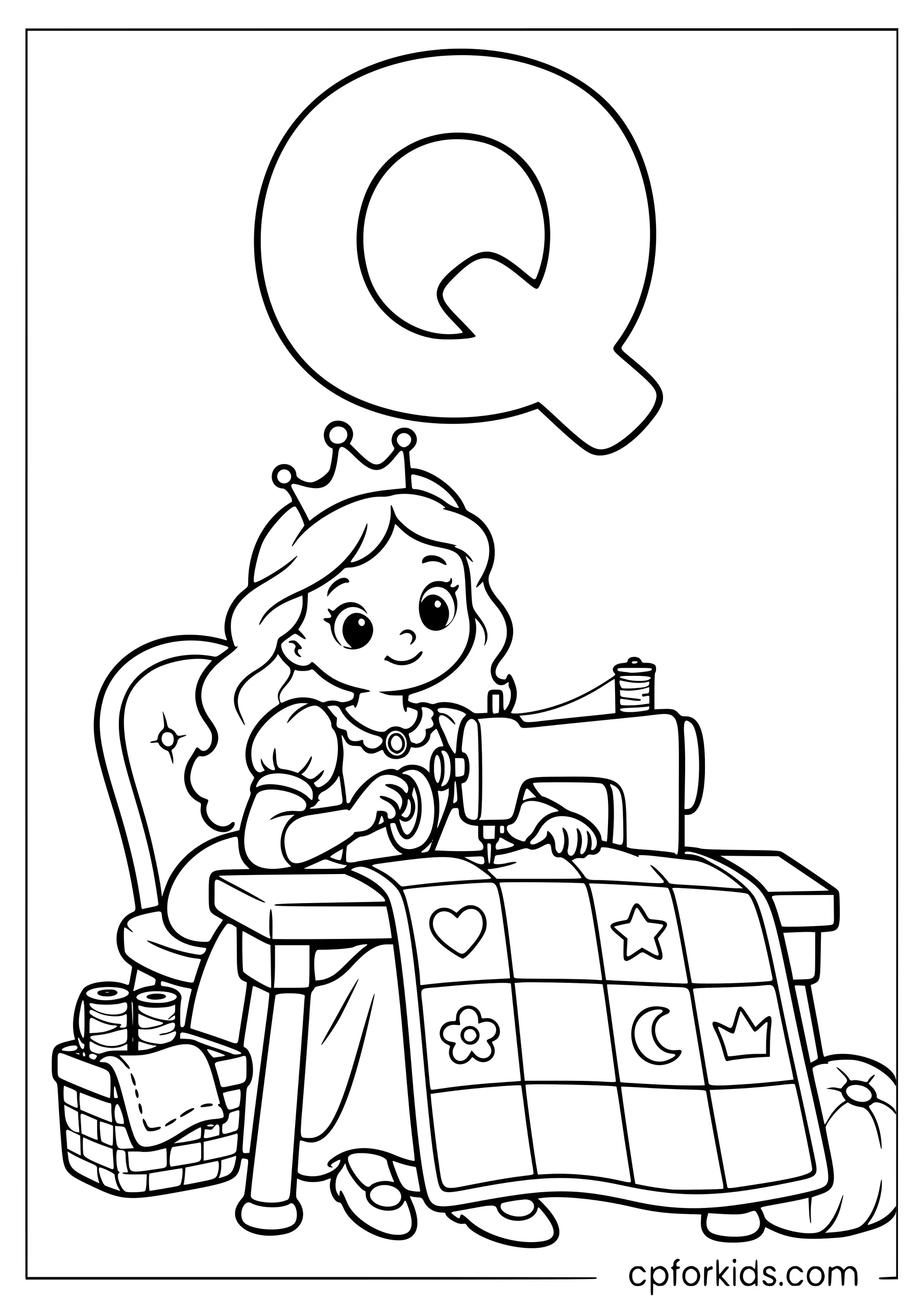 Uppercase Q above queen sewing a patchwork quilt